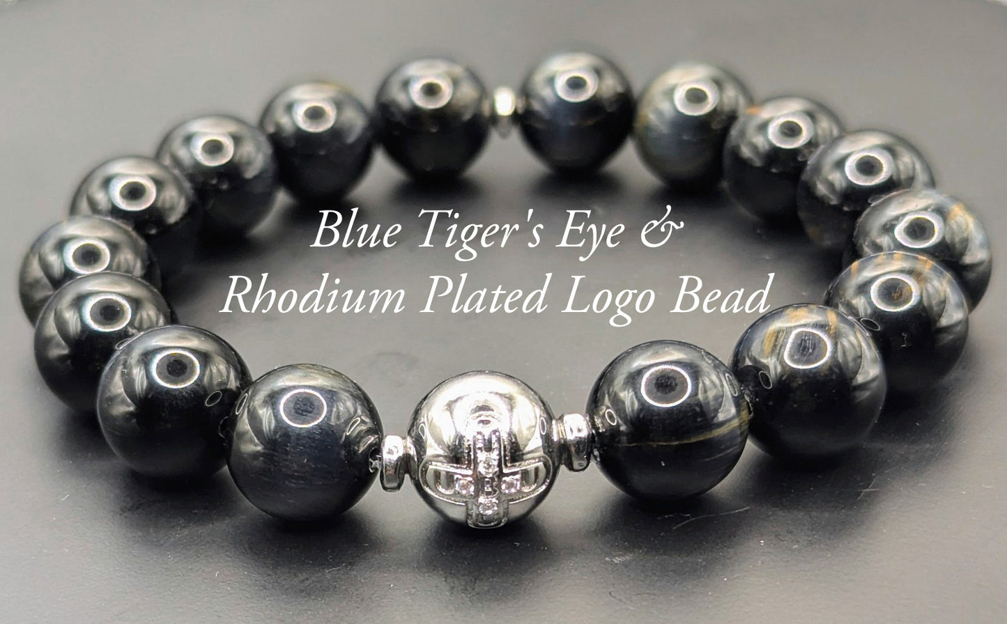 UBU Signature Blue Tiger's Eye & Rhodium Plated Logo Bead