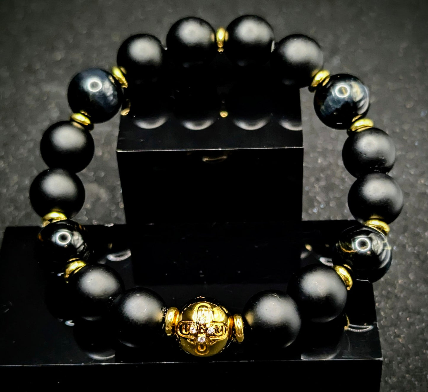UBU Signature Matte Black Onyx, Cobalt Blue Tiger's Eye & 18kt Gold Overlay Logo Bead