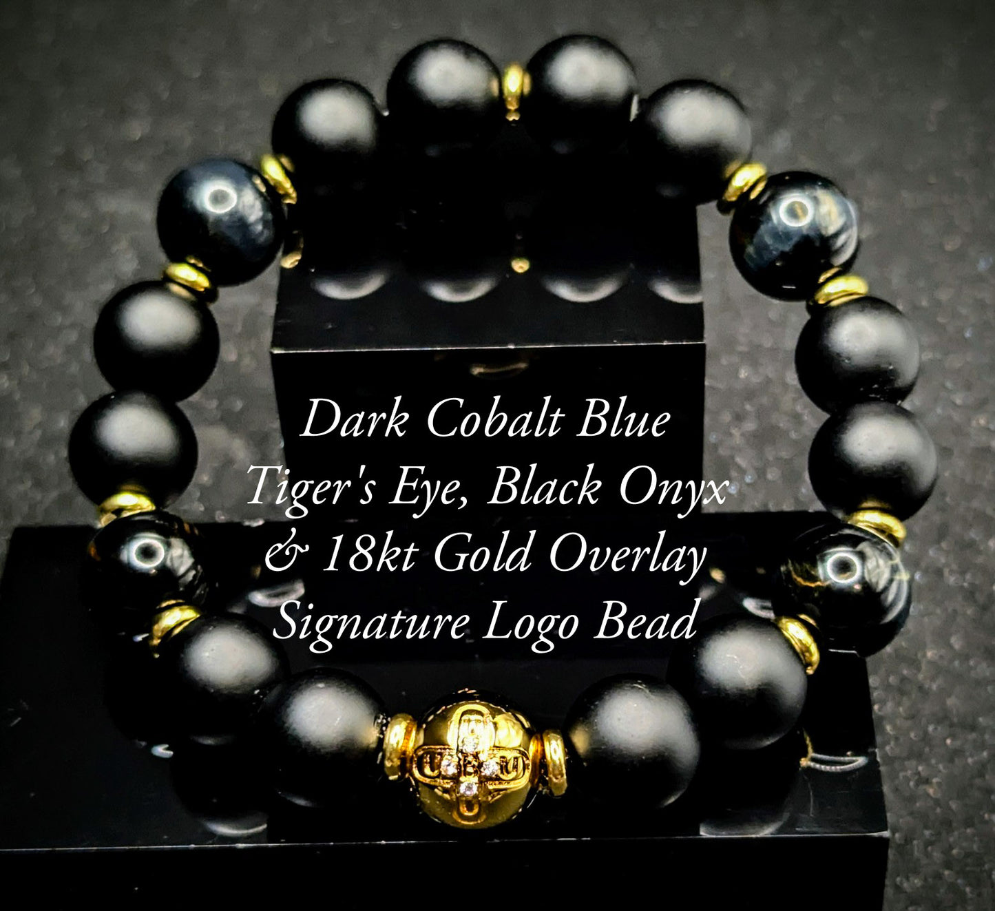 UBU Signature Matte Black Onyx, Cobalt Blue Tiger's Eye & 18kt Gold Overlay Logo Bead
