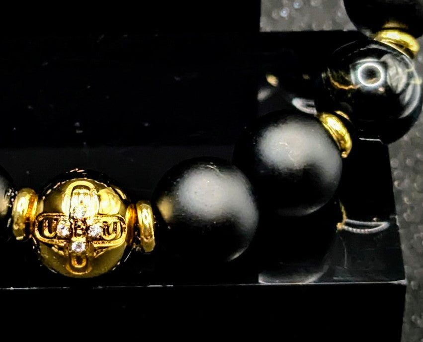 UBU Signature Matte Black Onyx, Cobalt Blue Tiger's Eye & 18kt Gold Overlay Logo Bead