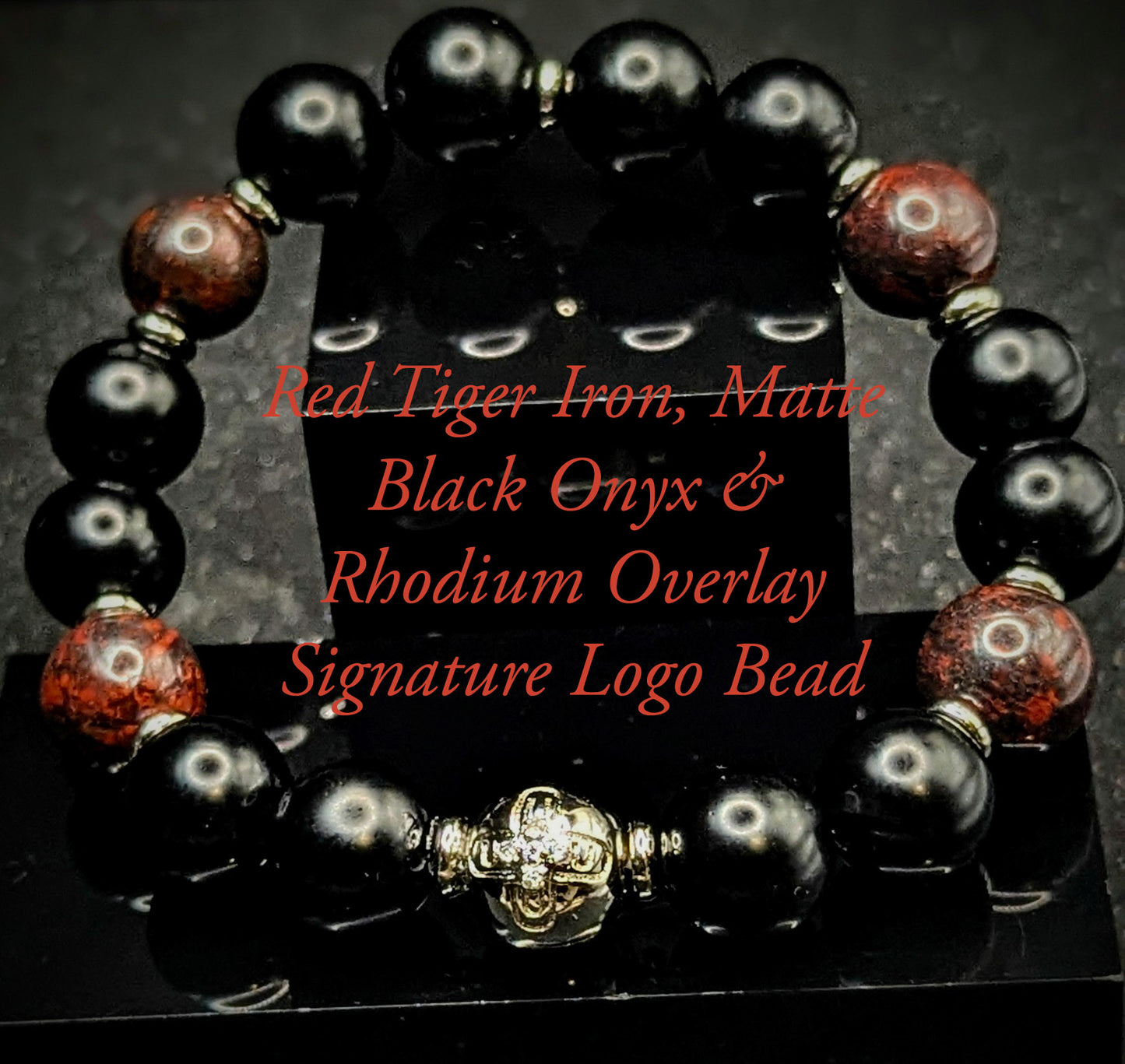 UBU Signature Matte Black Onyx, Red Tiger Iron & Rhodium Logo Bead