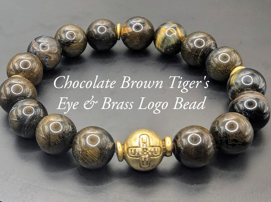 UBU Signature Chocolate Tiger's Eye & Brass Logo Bead