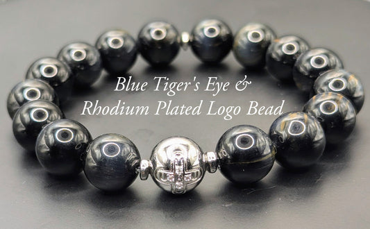 UBU Signature Blue Tiger's Eye & Rhodium Plated Logo Bead