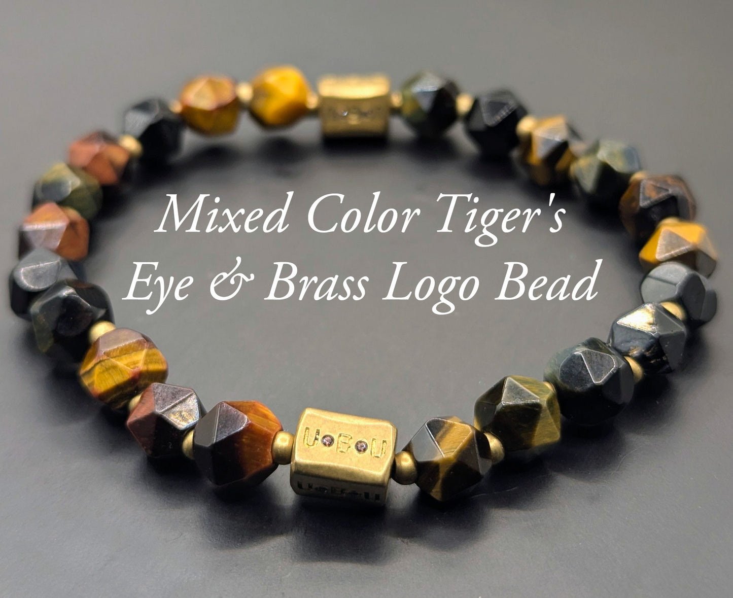 UBU Signature Multi-Colored Tiger's Eye & Brass Logo Beads