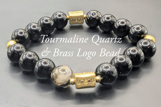 UBU Signature Quartz Laced Tourmaline & Brass Logo Beads