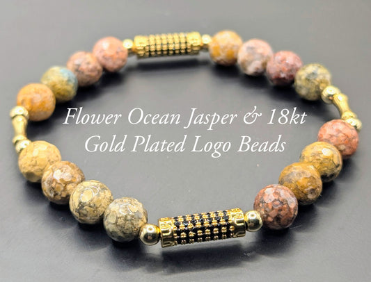 UBU Signature Flower Ocean Jasper and 18kt Gold Overlay Logo Beads