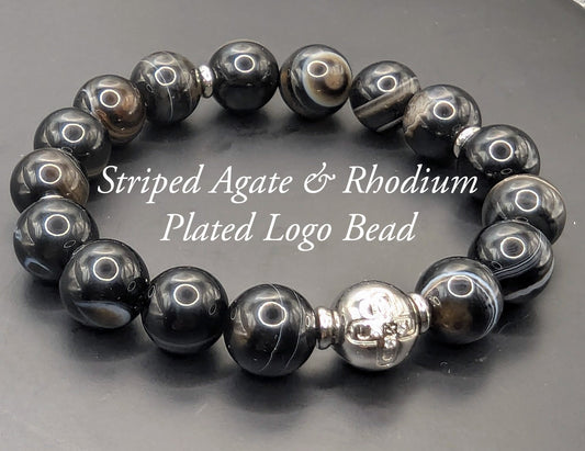 UBU Signature Striped Agate & Rhodium Overlay Logo Bead