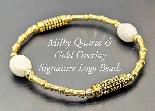 UBU Signature Milky Quartz & 18kt Gold Overlay Logo Beads