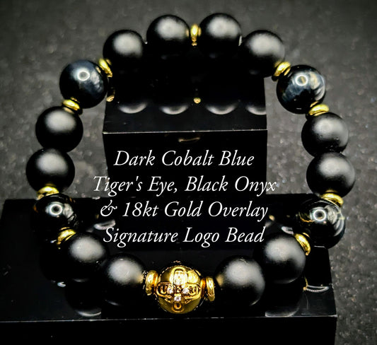 UBU Signature Matte Black Onyx, Cobalt Blue Tiger's Eye & 18kt Gold Overlay Logo Bead