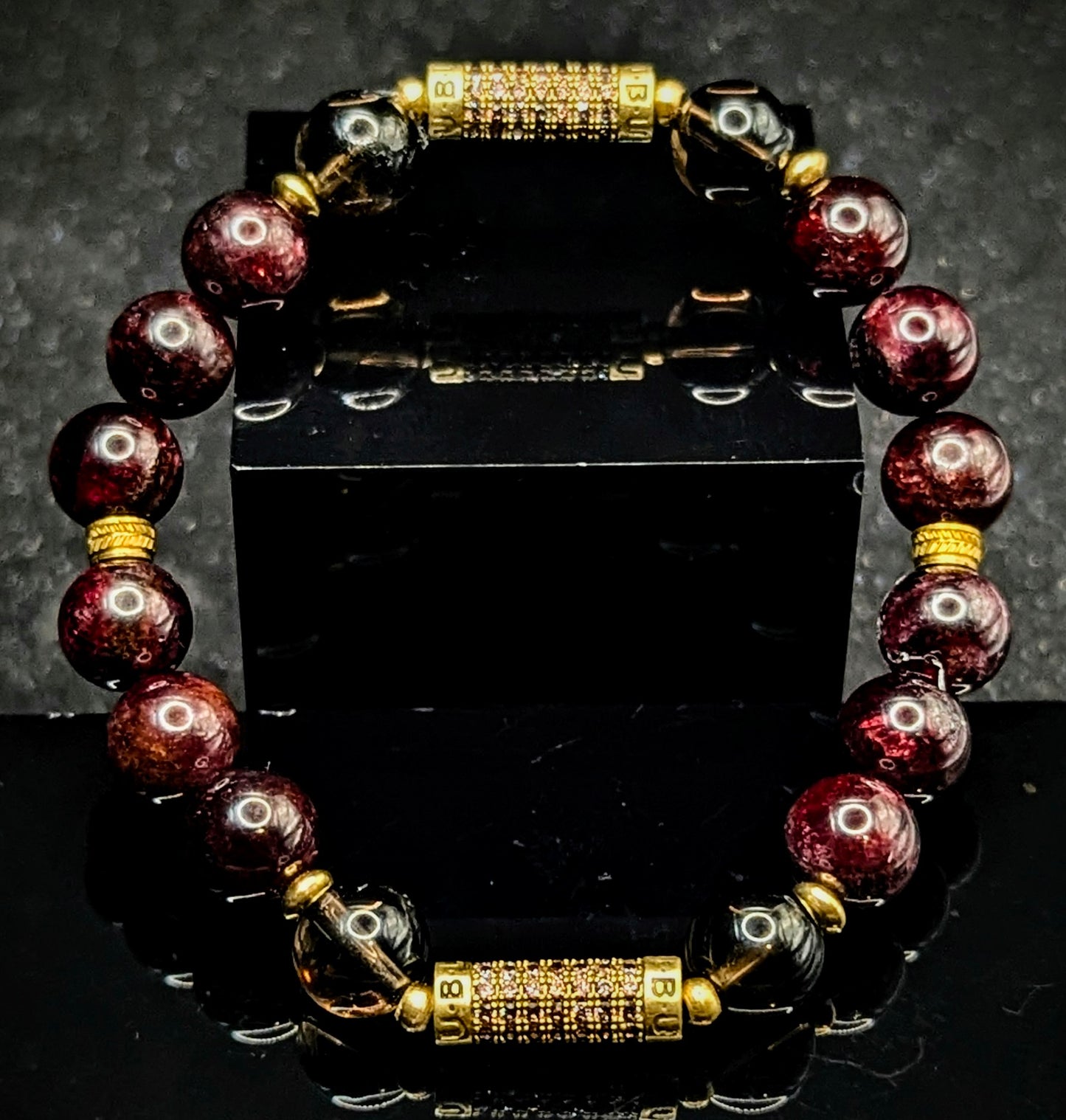 UBU Signature Garnet, Smokey Quartz & Pave Brass Logo Bead