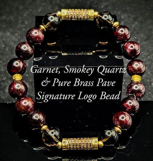 UBU Signature Garnet, Smokey Quartz & Pave Brass Logo Bead