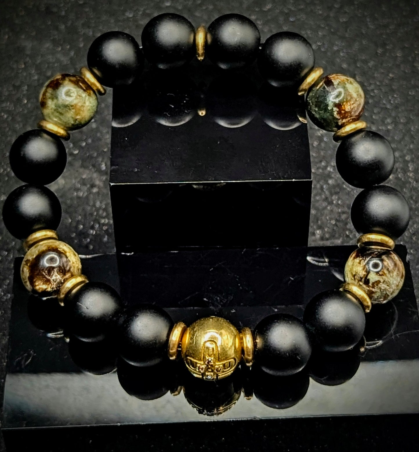 UBU Signature Matte Black Onyx, Muscovite & Brass Logo Bead