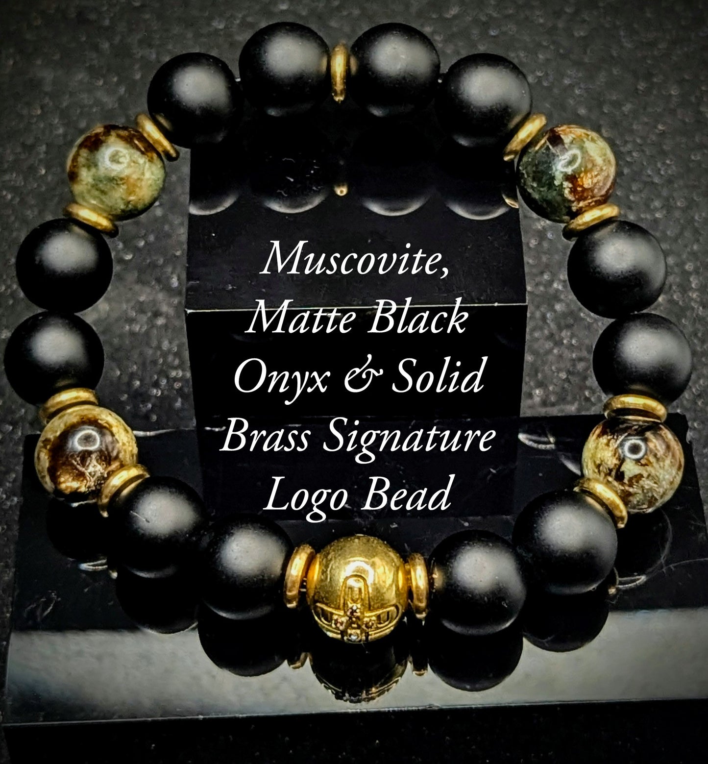 UBU Signature Matte Black Onyx, Muscovite & Brass Logo Bead