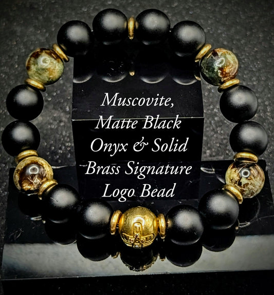 UBU Signature Matte Black Onyx, Muscovite & Brass Logo Bead