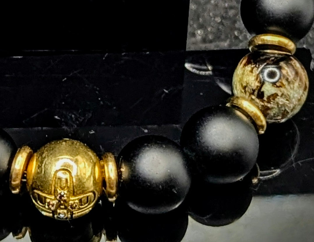 UBU Signature Matte Black Onyx, Muscovite & Brass Logo Bead
