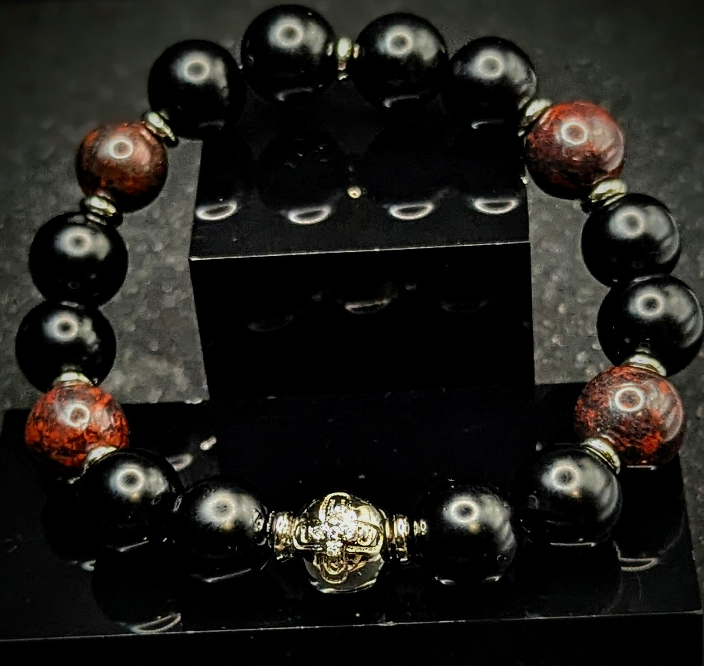 UBU Signature Matte Black Onyx, Red Tiger Iron & Rhodium Logo Bead