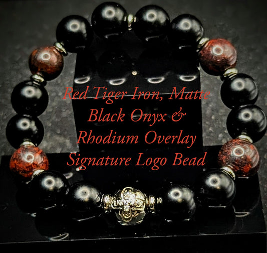 UBU Signature Matte Black Onyx, Red Tiger Iron & Rhodium Logo Bead