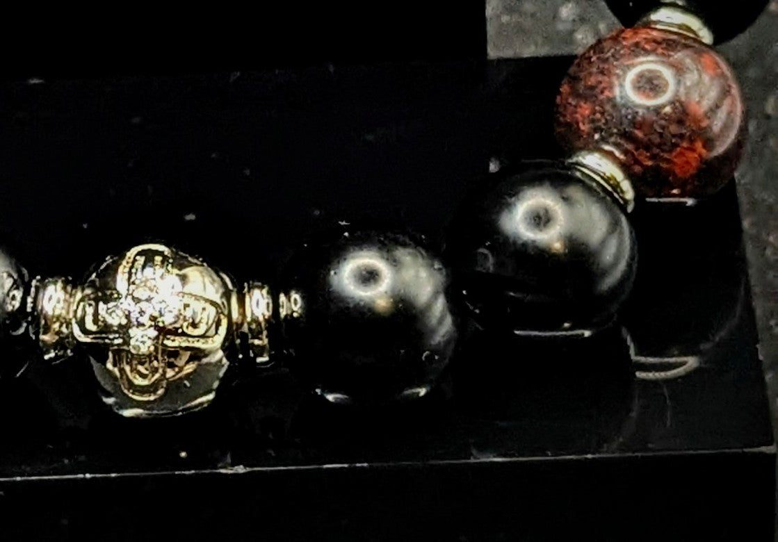 UBU Signature Matte Black Onyx, Red Tiger Iron & Rhodium Logo Bead