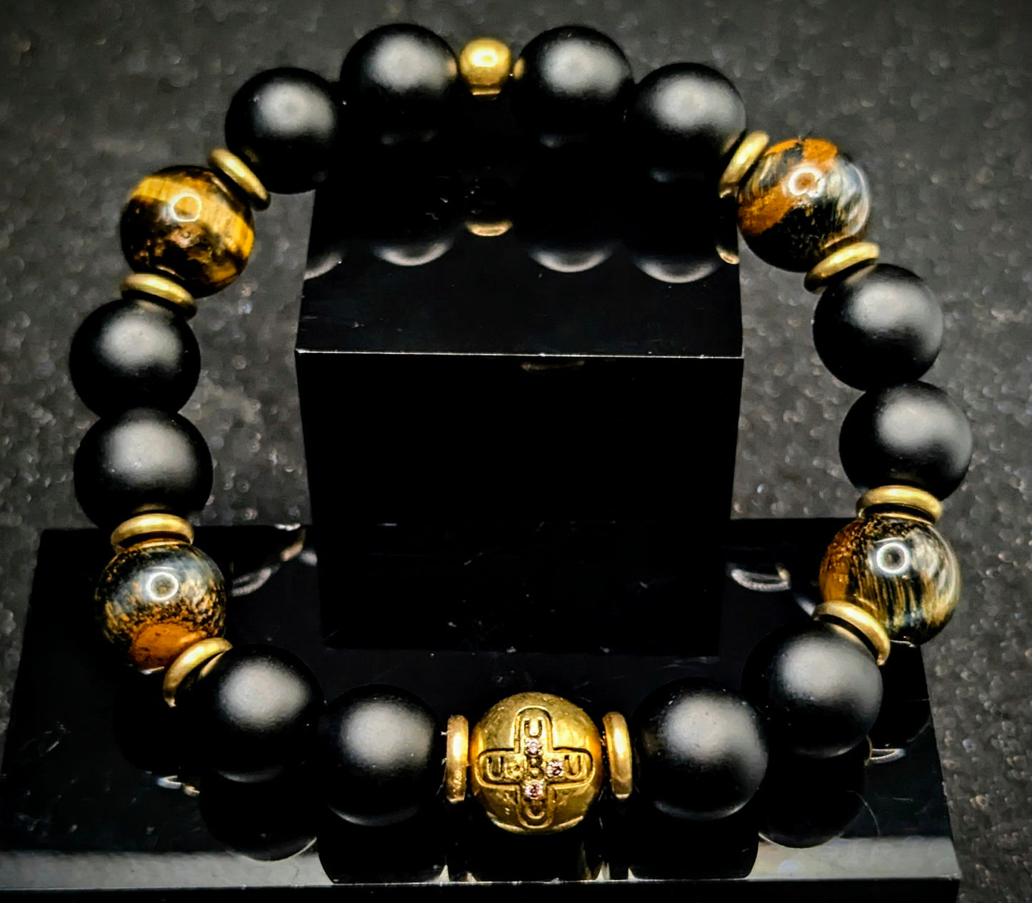 UBU Signature Matte Black Onyx, Chocolate Tiger's Eye & Brass Logo Bead