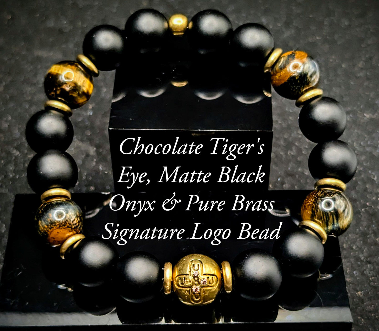 UBU Signature Matte Black Onyx, Chocolate Tiger's Eye & Brass Logo Bead