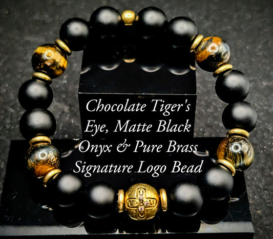 UBU Signature Matte Black Onyx, Chocolate Tiger's Eye & Brass Logo Bead