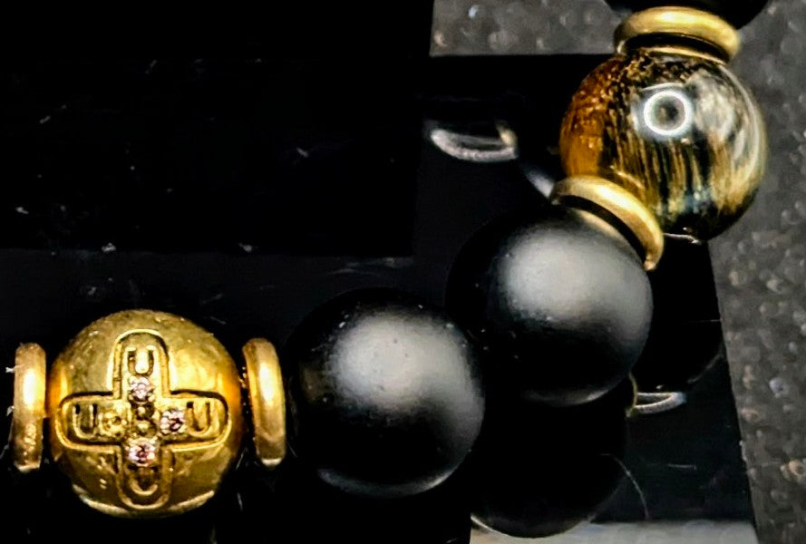 UBU Signature Matte Black Onyx, Chocolate Tiger's Eye & Brass Logo Bead