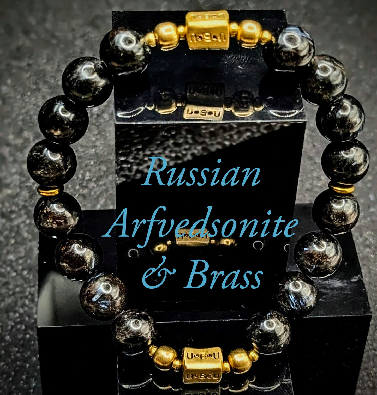 UBU Signature Bracelet Rare Russian Blue Arfvedsonite & Brass Logo Bead