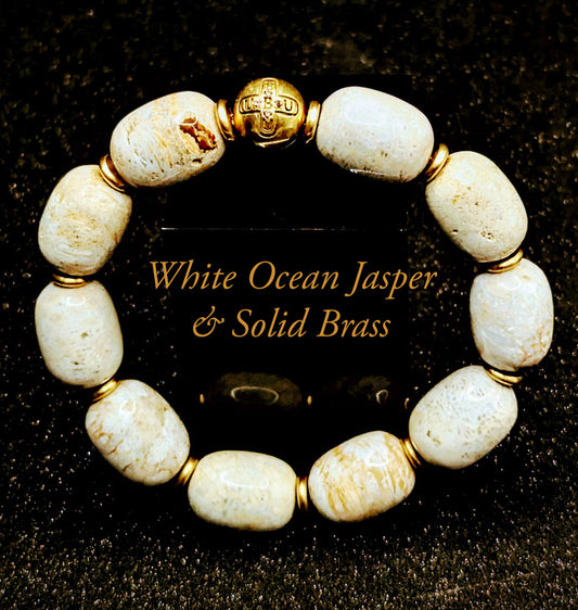 UBU Signature Bracelet Rare White Ocean Jasper & Brass Logo Bead