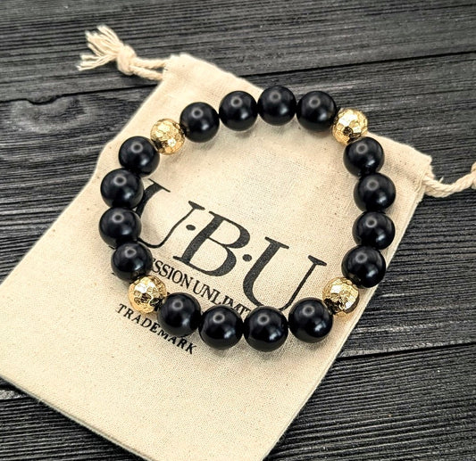 Matte Black Onyx and Genuine 14kt Gold Overlay Hammered Beads