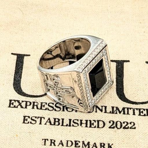 UBU Signature .925 Sterling Silver Ring with Black Agate and Moissanite Diamonds